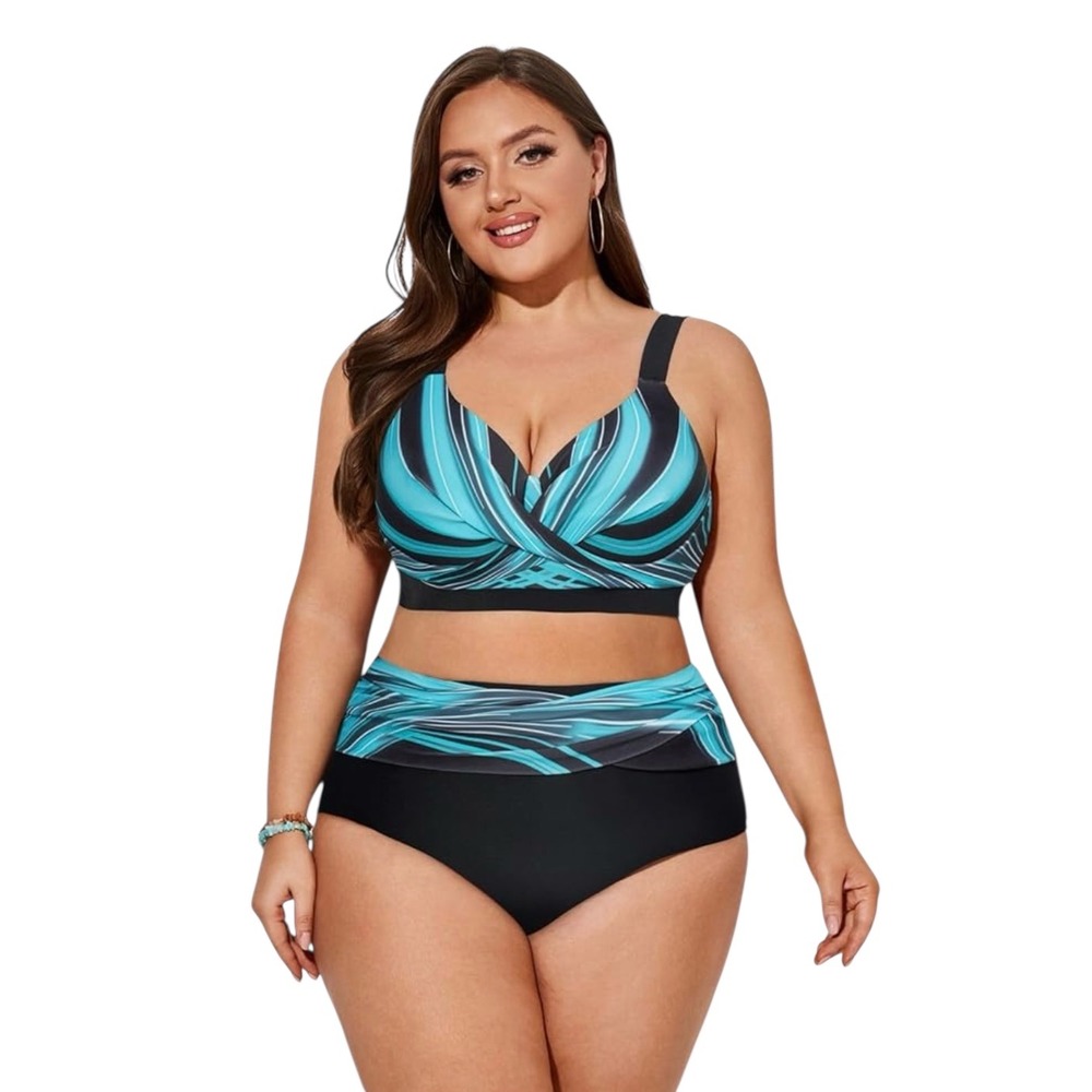 NEW Hanna Nikole Twist Front‎ High Waist Swimsuit Turquoise Black Size 12W